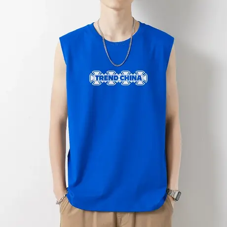 克莱因蓝纯棉背心男士夏季外穿健身运动坎肩宽肩无袖t恤篮球跨栏商品大图