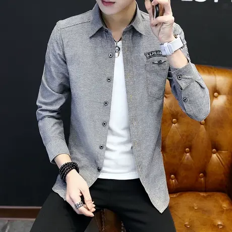 春秋季新款牛仔衬衫外套男日系复古修身长袖牛仔衬衣潮男士薄款潮商品大图