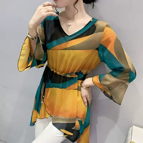 时尚设计感V领开叉T恤女2023新款气质裙摆小衫撞色印花洋气上衣潮商品大图