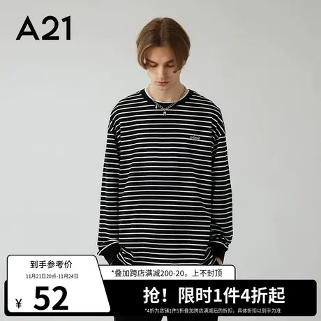A21outlets男装宽松圆领潮牌长袖T恤秋款情侣装衣服条纹男士上衣图片