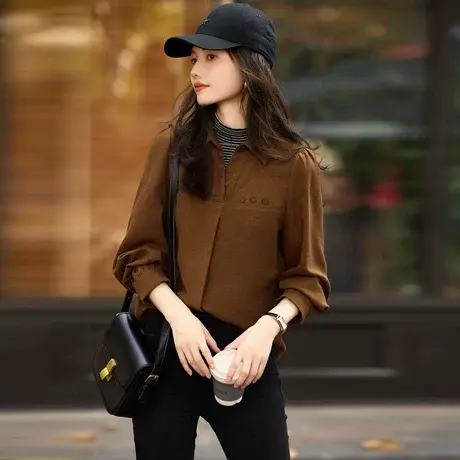 时尚气质休闲加厚衬衫女士2023年冬季新款百搭减龄显瘦通勤上衣商品大图