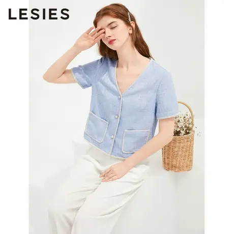 蓝色倾情春秋新款女秋 灰蓝色V领小香织带秋饰短袖箱型短外套图片