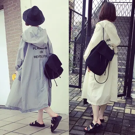 夏季时尚连帽防晒衣女中长款韩版学生百搭BF风衣大码宽松超薄外套商品大图