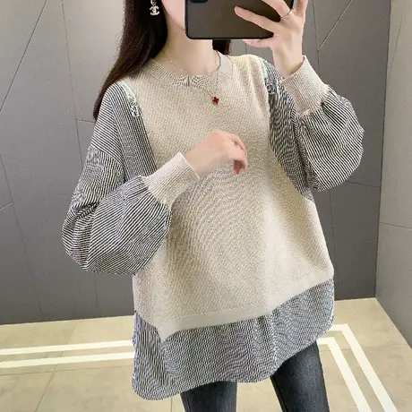 女上衣秋装2023新款爆款条纹拼接假两件针织衫外套元领毛衣女装潮图片