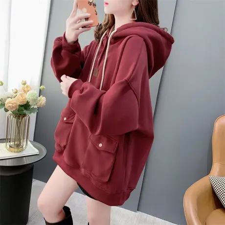 加绒加厚连帽卫衣外套女中长款2023新款秋冬宽松慵懒风设计感上衣商品大图