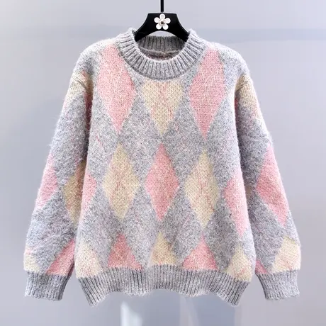 复古慵懒风菱格毛衣女冬季2023新款宽松加厚外穿减龄打底针织衫图片