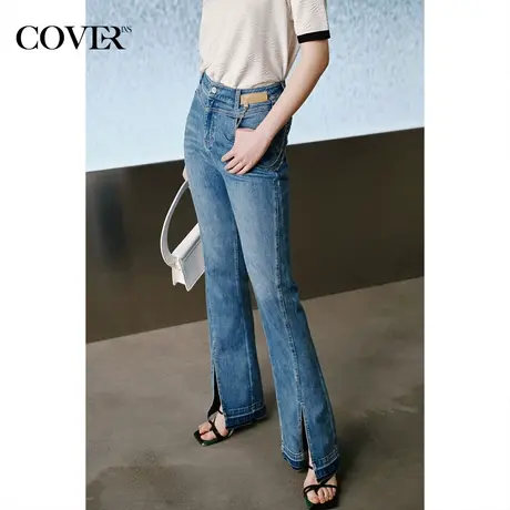 COVER夏季棉麻混纺开衩高腰微喇牛仔裤商品大图
