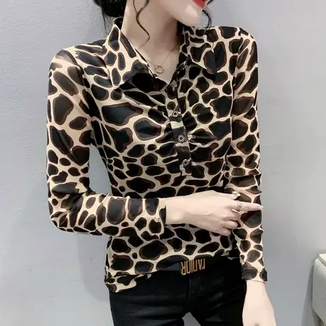 欧货时尚豹纹衬衫女长袖2024新款春秋洋气POLO领上衣别致显瘦衬衣图片