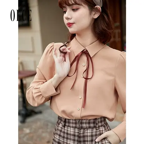 Oece气质长袖衬衫春秋秋新款女学院风复古减龄设计感上衣商品大图