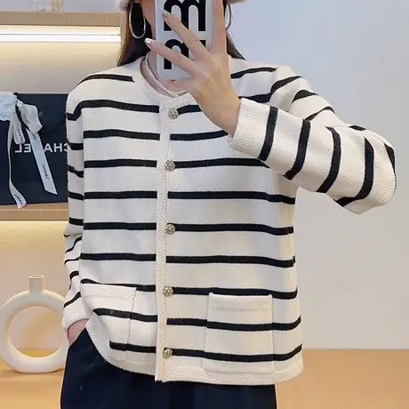 小香风毛衣外套春装2024新款条纹撞色针织开衫长袖宽松早春上衣女商品大图