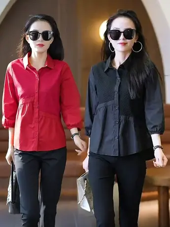 2023年时尚百搭不对称拼接遮肚衬衣七分袖洋气修身减龄小个子衬衫商品大图