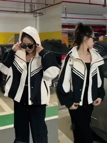 2023秋季新款工装短款冲锋衣女韩版宽松撞色风衣连帽夹克百搭外套商品大图