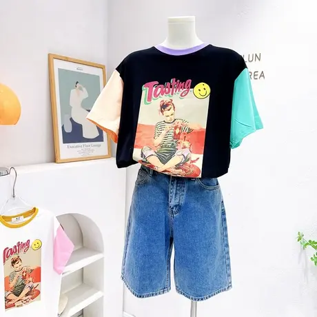 复古美式撞色短袖上衣2023夏季新款韩国东大门洋气T恤小个子正肩图片