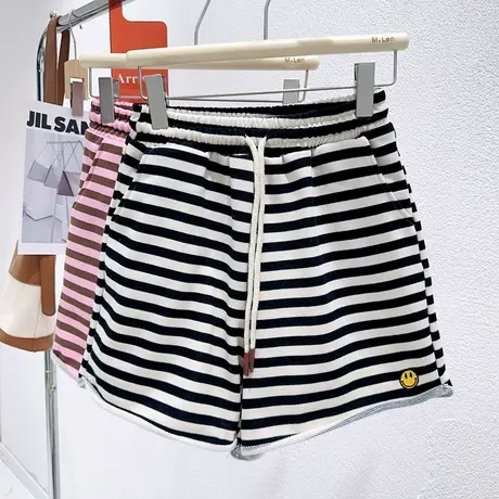 韩国东大门夏季高腰短裤运动休闲ins笑脸条纹纯棉阔腿A字微胖遮胯图片