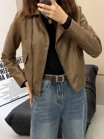 加棉皮衣外套女短款2023秋冬新款百搭高腰欧货时尚机车服夹克上衣商品大图