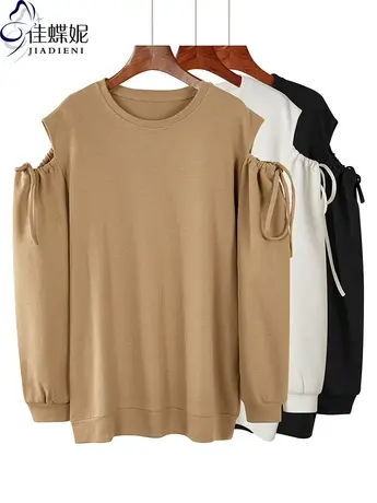 秋冬圆领宽松纯白大码卫衣长袖体恤上衣中长款露肩抽绳华夫格面料图片