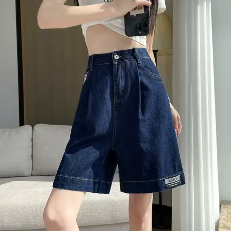 美式复古牛仔裤女夏季薄款高腰显瘦小个子宽松a字阔腿中裤五分裤商品大图