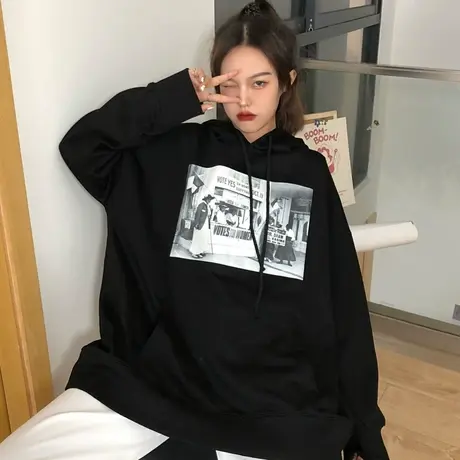 waitmore卫衣女连帽春秋薄款长袖宽松韩版潮ins上衣bf慵懒风外套图片