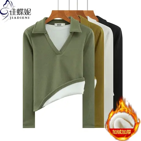 秋冬新款翻领修身显瘦加绒加厚保暖修身纯色长袖体恤上衣女打底衫商品大图