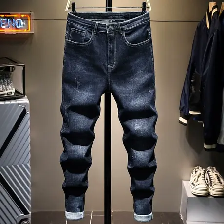 潮流牛仔裤男士2022春季新款弹力韩版修身加厚休闲小脚长裤子男装商品大图