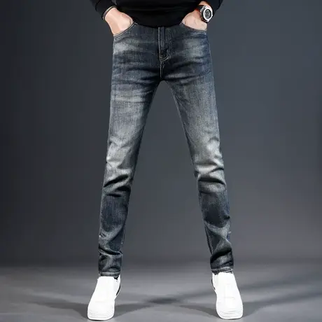 高端牛仔裤男2023秋冬新款欧美男士修身小脚复古蓝色弹力休闲长裤商品大图
