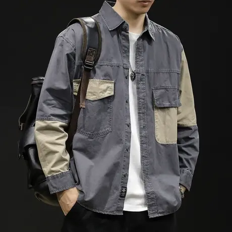 潮牌撞色拼接衬衫男士衬衣长袖休闲工装外套男春季24新款衬衫春秋图片