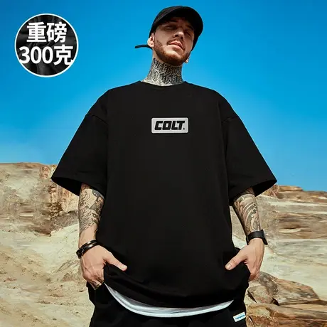 300g重磅美式字母印花短袖t恤街头大码黑色圆领纯棉简约半袖男潮商品大图