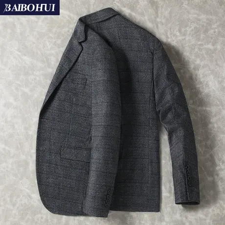 格子休闲西装男士外套秋季新款修身潮流中年商务小西服男单件上衣图片