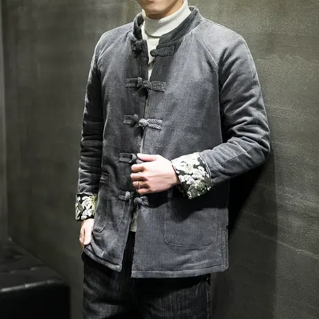 冬季加厚棉服中国风灯芯绒刺绣布扣唐装棉袄男士立领中山装棉衣商品大图