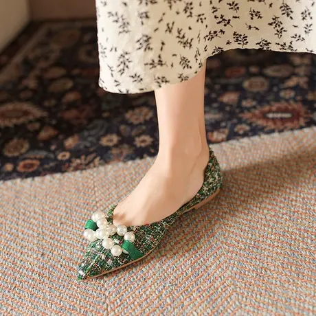 软底尖头单鞋女绿色平跟女鞋2024新款蝴蝶结韩版浅口平底鞋女复古商品大图
