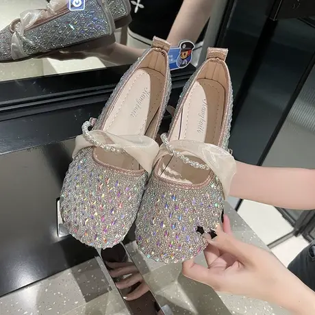 法式单鞋女2024春夏款平底玛丽珍瓢鞋水钻水晶鞋一脚蹬软底豆豆鞋商品大图