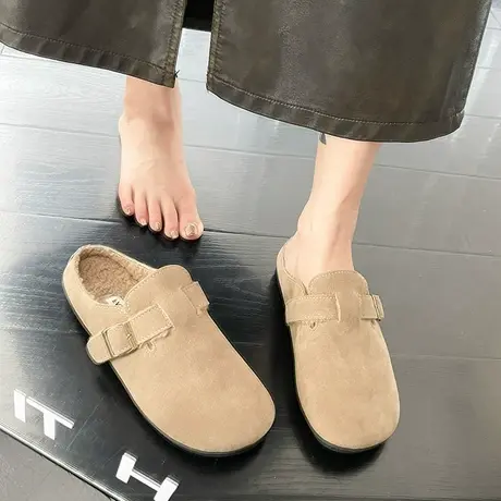 包头拖鞋女冬季加绒2023年新款通勤防滑平底鞋网红复古轻便勃肯鞋商品大图