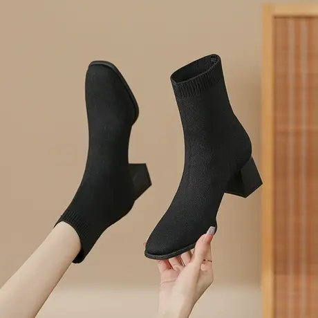 黑色弹力瘦瘦针织袜靴女2024新款春秋单靴爆款粗跟气质方头短筒靴图片