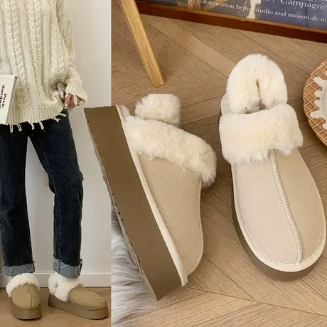 毛拖鞋女2023新款冬季外穿皮毛一体厚底包头毛毛半拖鞋加绒雪地靴商品大图