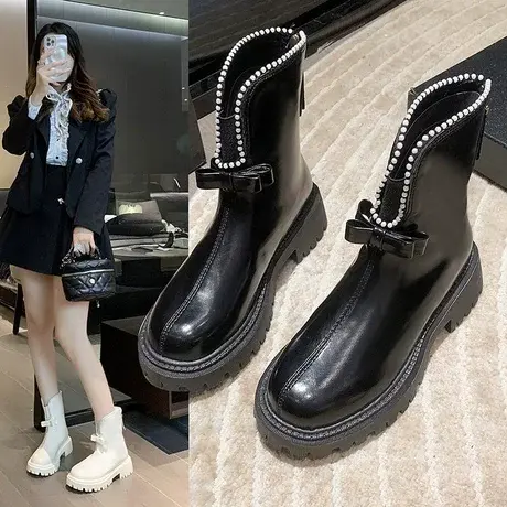 欧货马丁靴女韩版重工蝴蝶结珍珠烟筒靴粗跟厚底不等式潮流中筒靴图片
