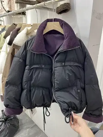 拼色立领短款羽绒服女冬季韩版加厚宽松保暖小个子减龄面包服外套图片