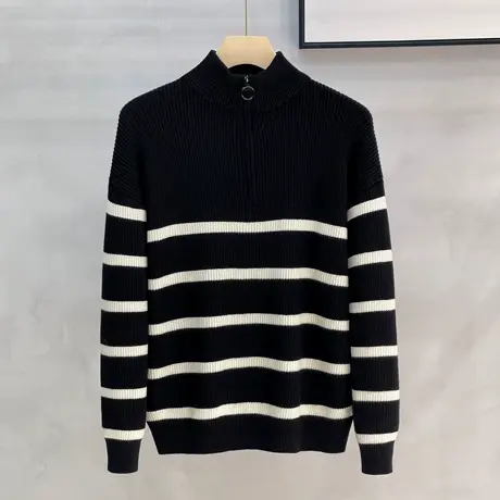 美式休闲学院风宽松针织条纹中领毛衣男女秋冬拉链半高领毛衫上衣商品大图