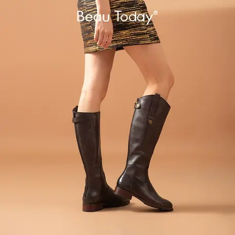 BeauToday小众瘦瘦靴真皮英伦风粗腿靴子长筒靴女骑士靴增高百搭图片