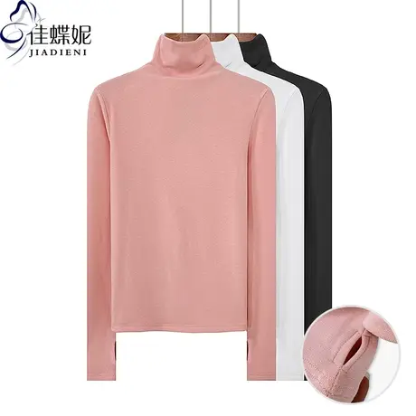 春秋新款韩版高领修身显瘦纯色纯棉套指设计长袖体恤上衣女打底衫商品大图