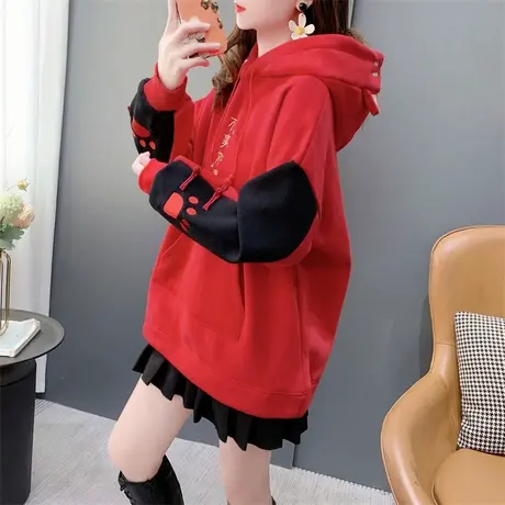 中国风国潮加绒加厚连帽卫衣女2023新款秋冬宽松新年红色外套上衣商品大图