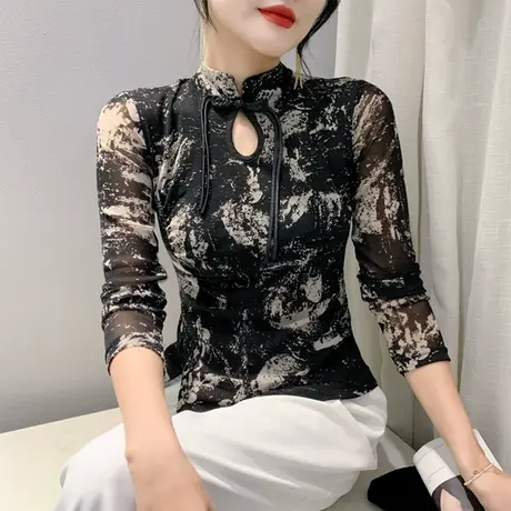 性感镂空盘扣T恤女长袖复古中国风春秋网纱上衣不规则开叉打底衫商品大图