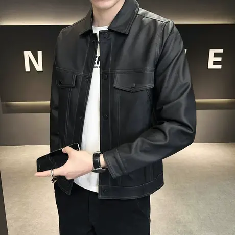 高街皮衣男秋季潮牌翻领简约潮男工装痞帅机车皮衣夹克小众外套图片