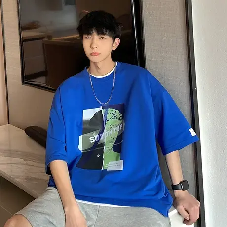 夏季潮流纯棉人物头像百搭宽松内搭半袖韩版短袖T恤男打底上衣服商品大图