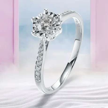 珂兰 白18K金钻石戒指经典六爪钻戒20分30分戒壁镶钻车花求婚戒女图片