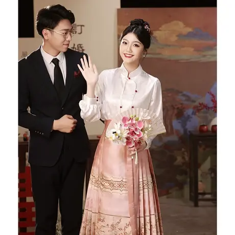 订婚裙礼服马面裙汉服日常可穿新中式冬季长袖套装粉色敬酒服新娘商品大图