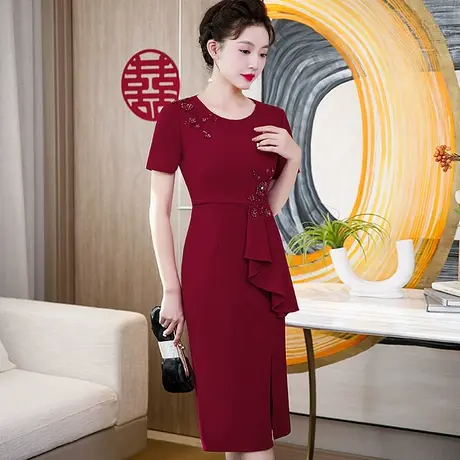 参加婚礼喜妈妈婆婆婚宴礼服高贵平时可穿红色连衣裙气质结婚夏季图片