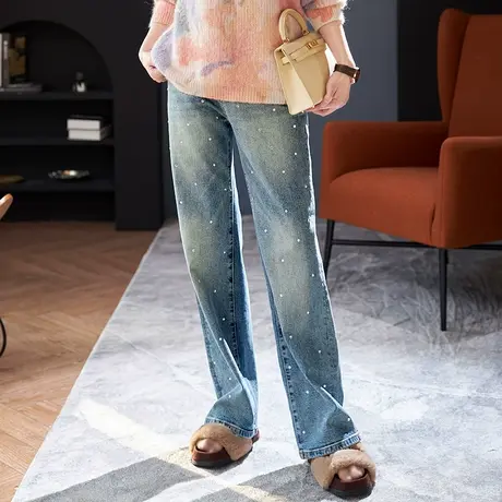 宝诗黎高腰烫钻显瘦牛仔裤2024春季百搭宽松直筒裤新款棉质长裤女商品大图