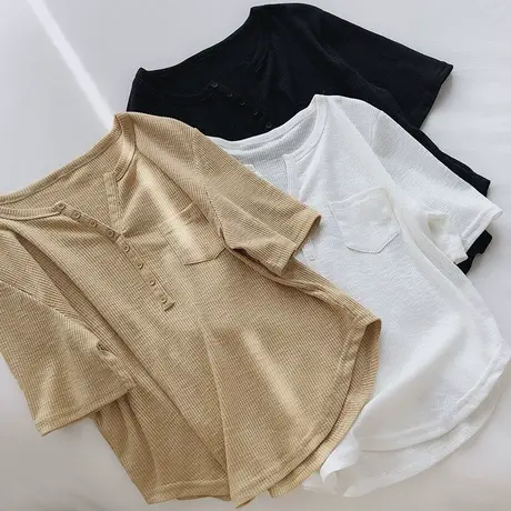 敲显瘦！柔软透气纯色纽扣v领短袖T恤女夏季学生宽松休闲半袖上衣商品大图