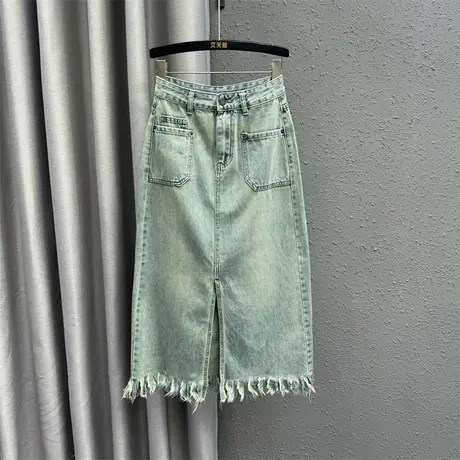 欧货毛须边2024牛仔半身裙女春季新款高腰显瘦开叉中长款a字裙潮图片