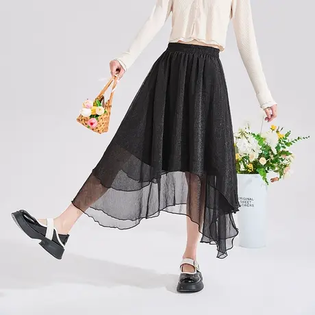 唐狮半身裙女夏季新款珠光缎面高腰气质温柔风长款a字仙女纱裙BQ图片